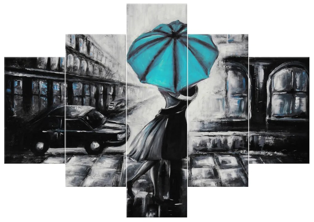 Gario Ručne maľovaný obraz Tyrkysový bozk v daždi - 5 dielny Rozmery: 150 x 70 cm
