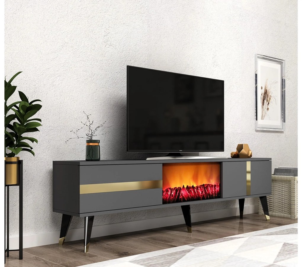 TV stolík/skrinka s krbom Vekika 3 (antracit + zlatá) . Akcia -30%. Vlastná spoľahlivá doprava až k Vám domov. 1095527