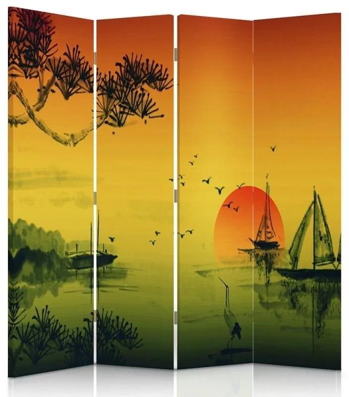 Ozdobný paraván Západ slunce v Japonsku - 145x170 cm, štvordielny, obojstranný paraván 360°