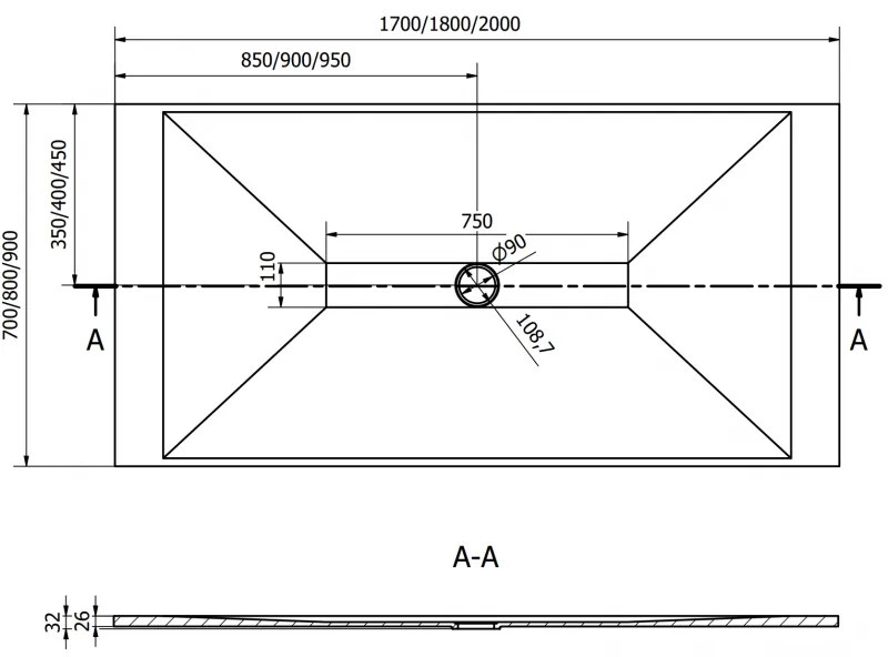 Mexen Toro, SMC obdĺžniková sprchová vanička 200 x 90 cm, biela, zlatá krytka, 43109020-G