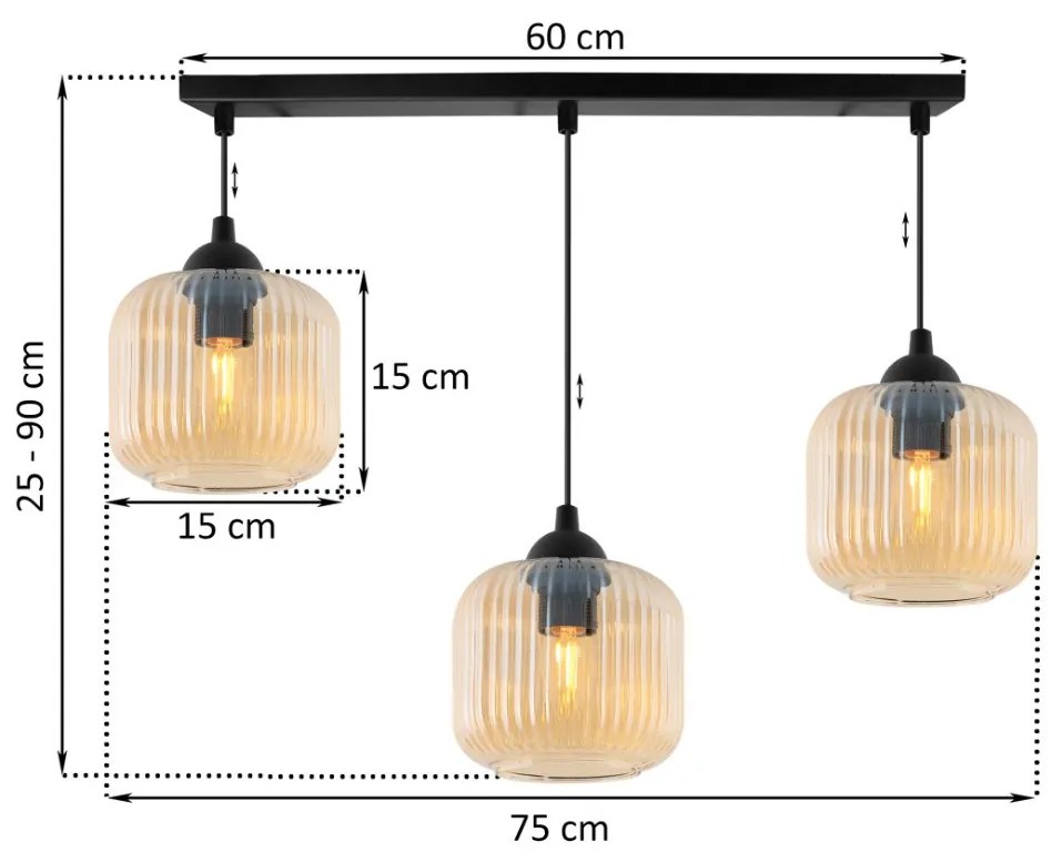 Závesné svietidlo Riffle, 3x medové sklenené tienidlo