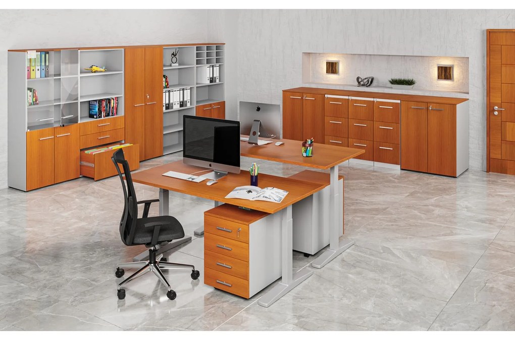 Kombinovaná kancelárska skriňa PRIMO GRAY, dvere na 2 poschodia, 2128 x 800 x 420 mm, sivá/čerešňa