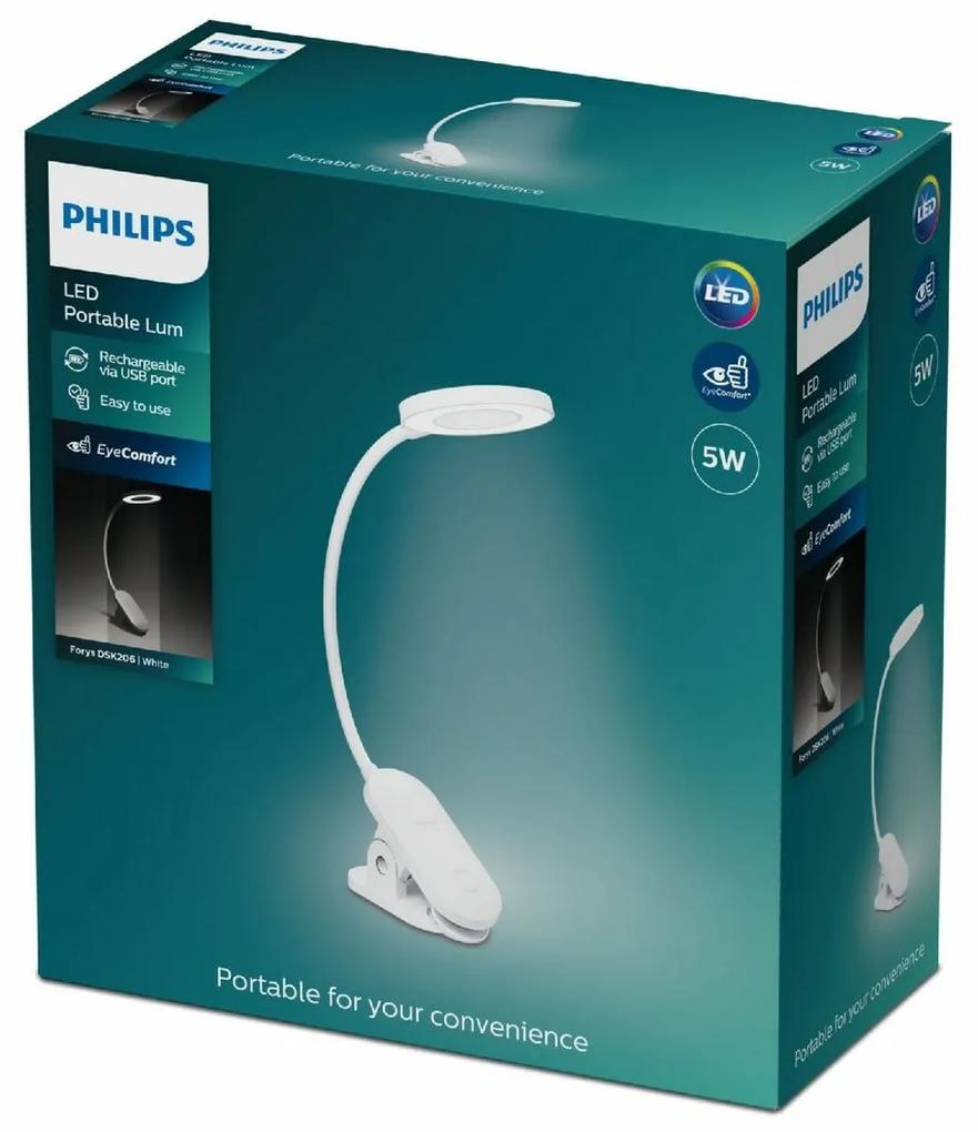 Philips 8720169194397 stolná LED lampa s klipom Forys, biela, 1x 5 W 200lm 4000K IP20