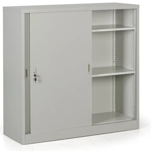 Kovová skriňa s posuvnými dverami, 2 police, 1200 x 1200 x 450 mm, svetlo sivá