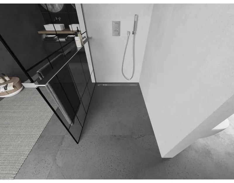Mexen Kioto+ L, sprchová zástena Walk-In s poličkou a vešiakom 120 x 200 cm, 8mm číre sklo čierny vzor, chrómový profil, 800-120-123-01-78