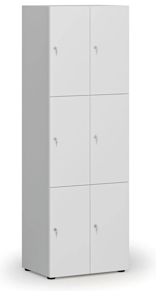 Drevená šatníková skrinka s úložnými boxmi, 6 boxov, cylindrický zámok, sivá/biela