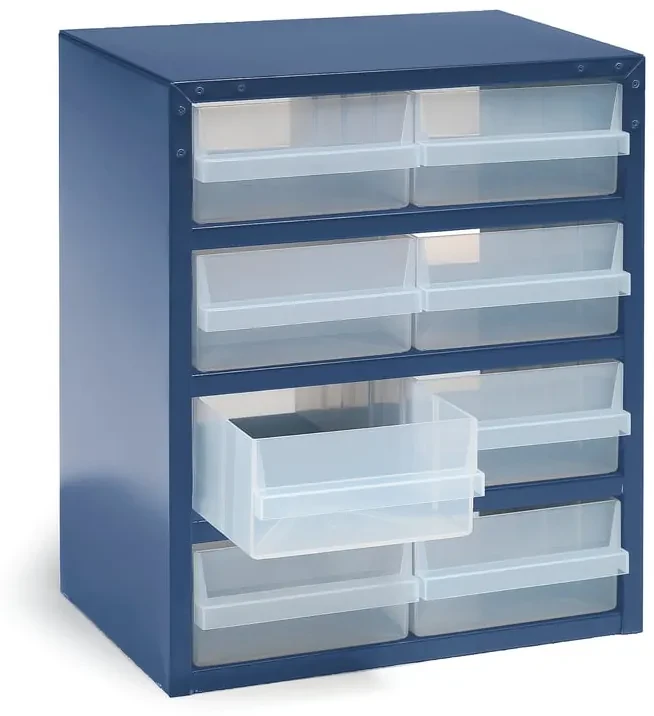 Kovová skriňa na súčiastky, 8 plastových boxov, 435x360x255 mm