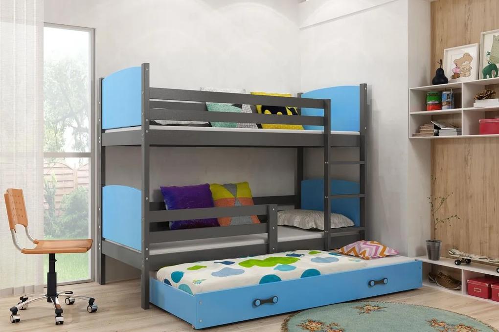 Poschodová posteľ s prístelkou TAMI 3 - 200x90cm - GRAFITOVÁ - MODRÁ