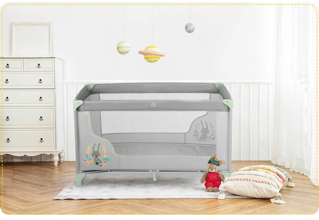 Ricokids Cestovná postieľka + matrac + taška 125 x 65 x 78 cm RK-240 mint grey