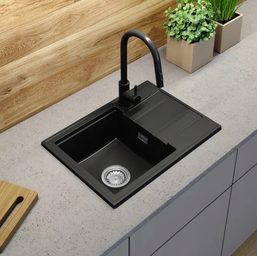 Gamma Modern 6040, 1-komorový granitový drez 580x420x185 mm s krátkym odkvapkávačom, čierna, GMA-ZM-6040-BK