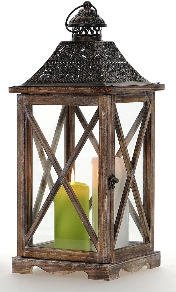 Drevený lampáš s plechovým vrchom MSL2095BRG - hnedý (22x22x53 cm) - vidiecky štýl