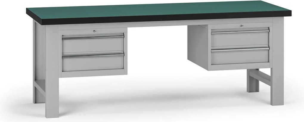 Pracovný stôl do dielne G8, 2100 x 750 x 800 mm, 2x kontejner, 4 zásuvky, sivá
