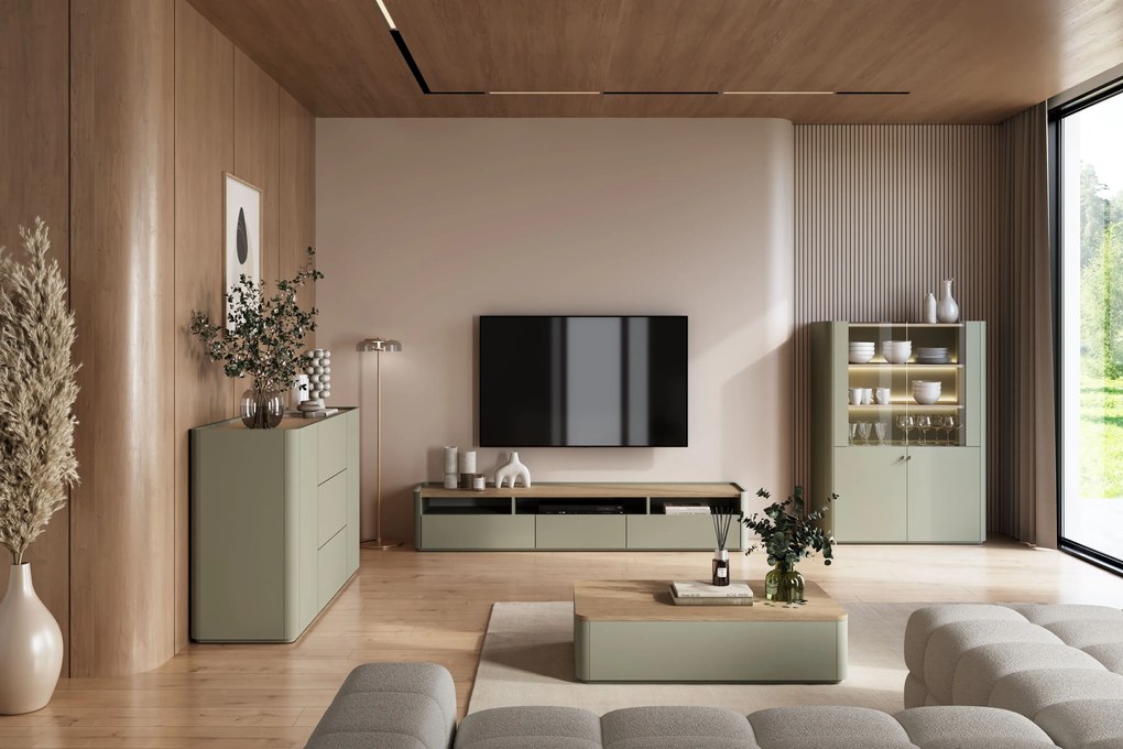 Komoda Elivo 150 cm so zásuvkami - eukalyptus / dub baltic dune