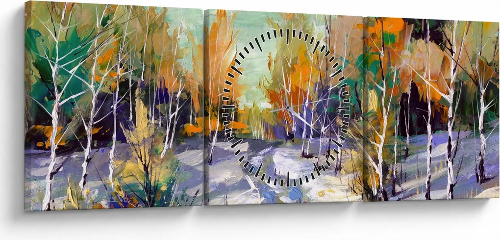 Obraz - Zasnežená cesta lesom, olejomaľba (s hodinami) (90x30 cm)