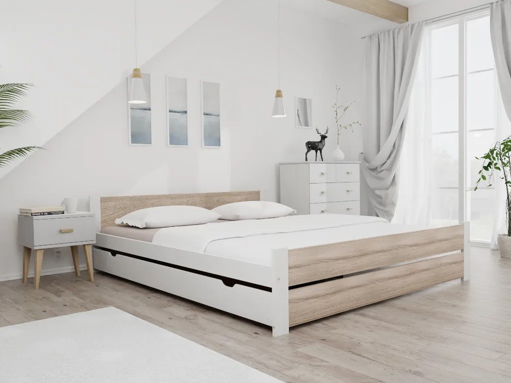 Posteľ IKAROS DOUBLE 180 x 200 cm, biela/dub sonoma Rošt: S lamelovým roštom, Matrac: Matrac Deluxe 10 cm