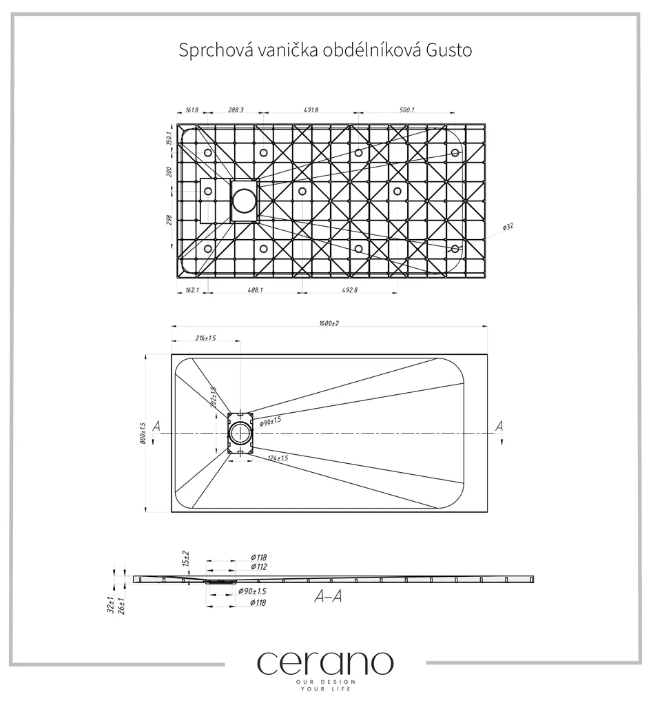Cerano Gusto, obdĺžniková sprchová vanička 160x80x3 cm z minerálneho kompozitu, čierna matná, CER-CER-414716