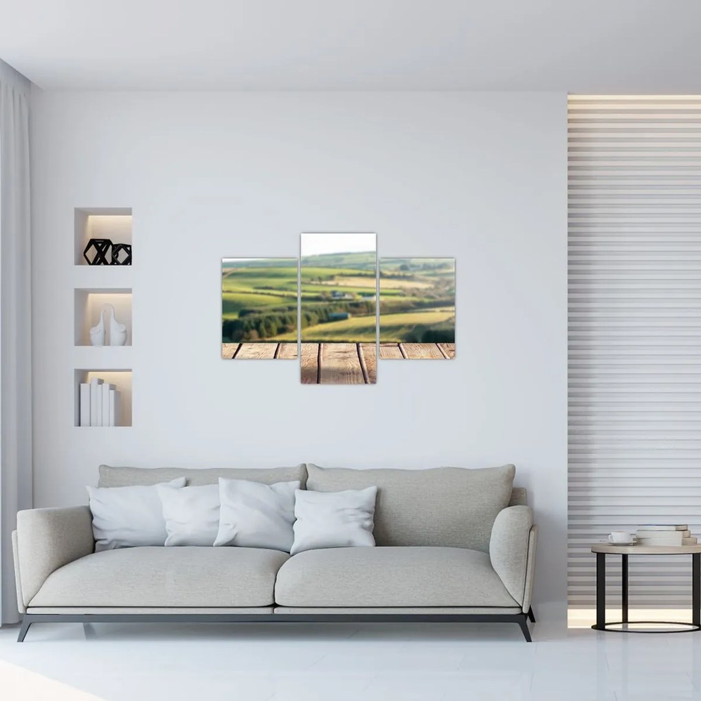 Obraz - Drevená polica s krajinou (90x60 cm)