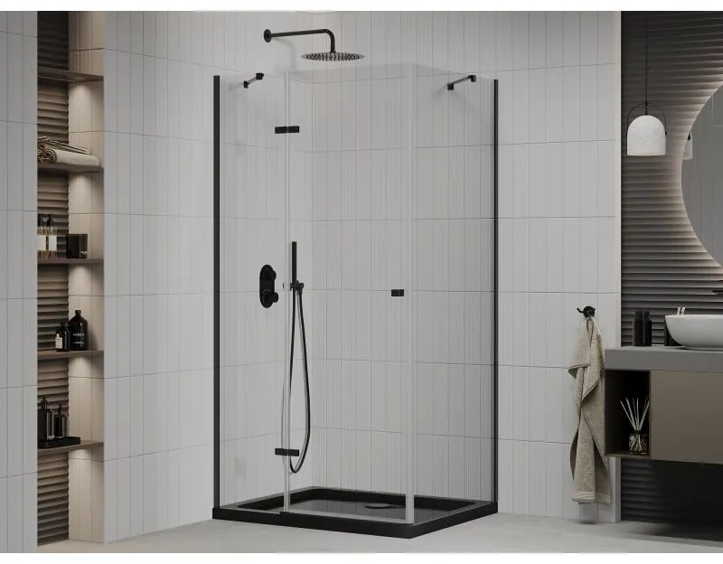 Mexen Roma, sprchovací kút s 1-krídlovými dverami 80 (dvere) x 100 (stena) cm, 6mm číre sklo, čierny profil, slim sprchová vanička 5cm čierna s čiernym sifónom, 854-080-100-70-00-4070B