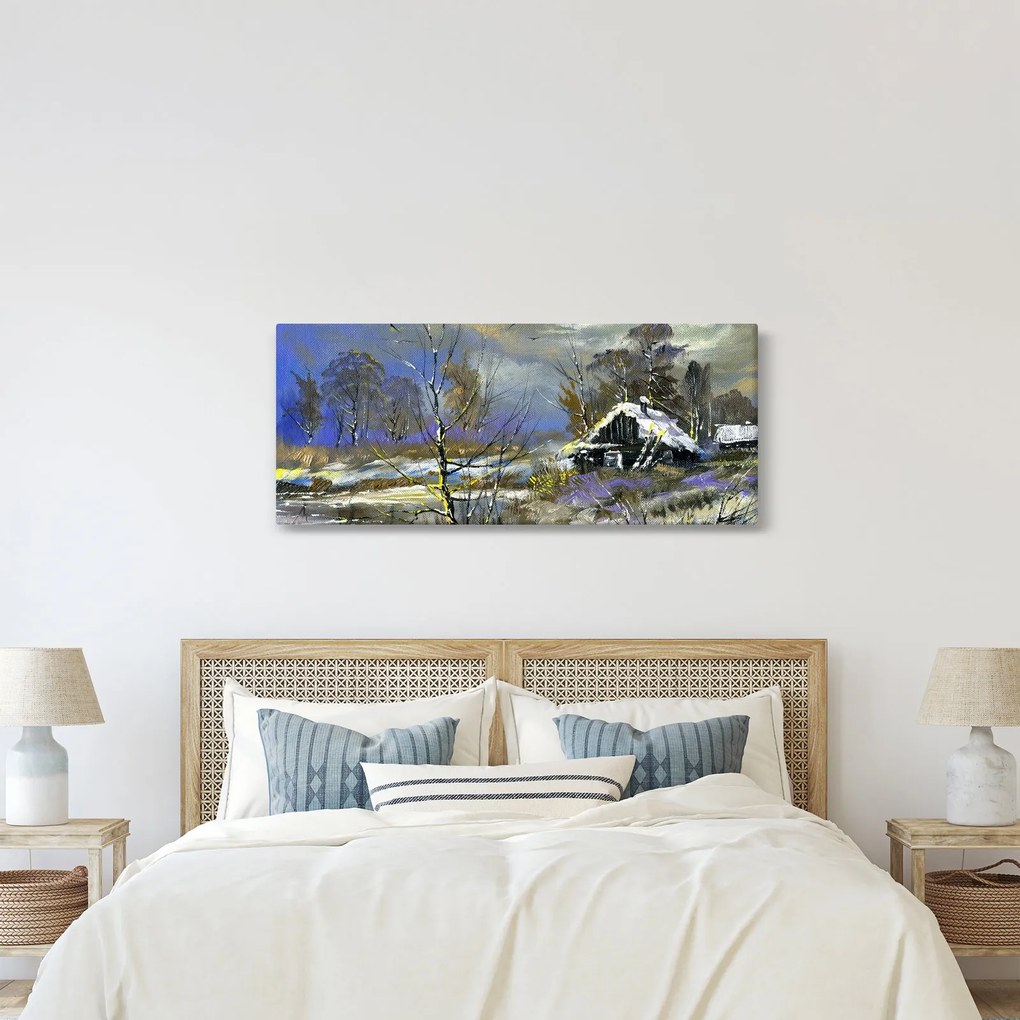 Obraz chalúpky v zimnej krajine, olejomaľba (120x50 cm)