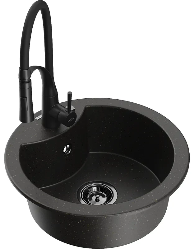 Mexen Diego, 1-komorový granitový drez 488x488x167 mm a drezová batéria Aster, čierna-zlatá metalíza, 6512-75-73450-70-B