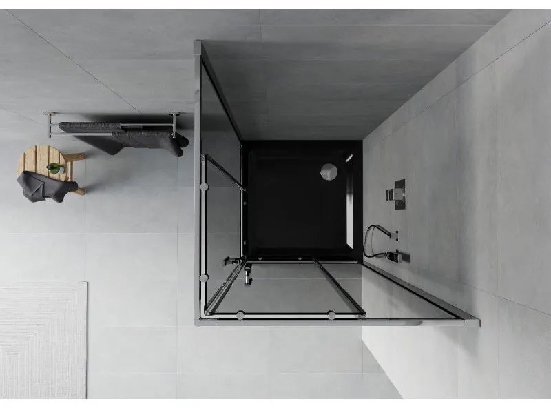 Mexen Rio, štvorcový sprchovací kút s posuvnými dverami 70(dvere) x 70(dvere) x 190 cm, 6mm šedé sklo, chrómový profil + čierna sprchová vanička SLIM, 860-070-070-01-40-4070