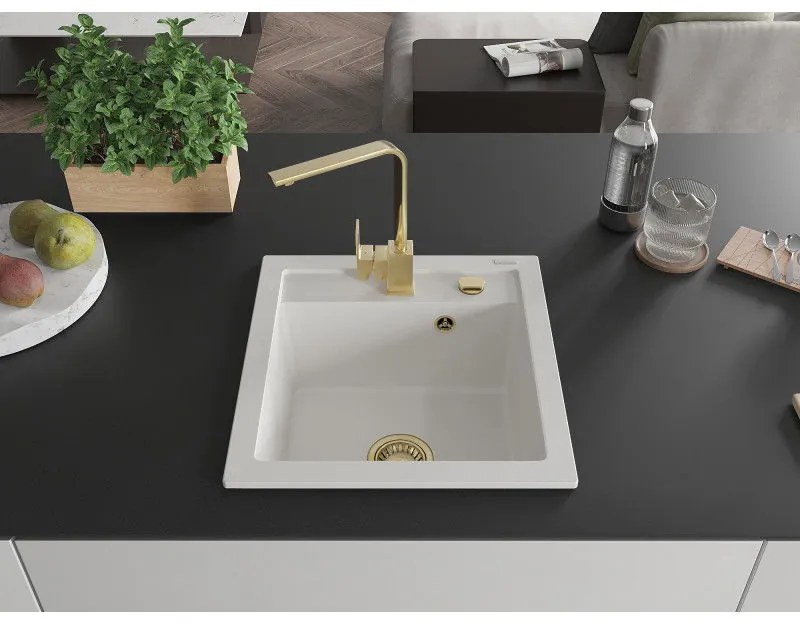 Mexen Vito, 1-komorový granitový drez 520x490x210 mm, zlatá batéria Rita, biela, 6503-20-670300-50