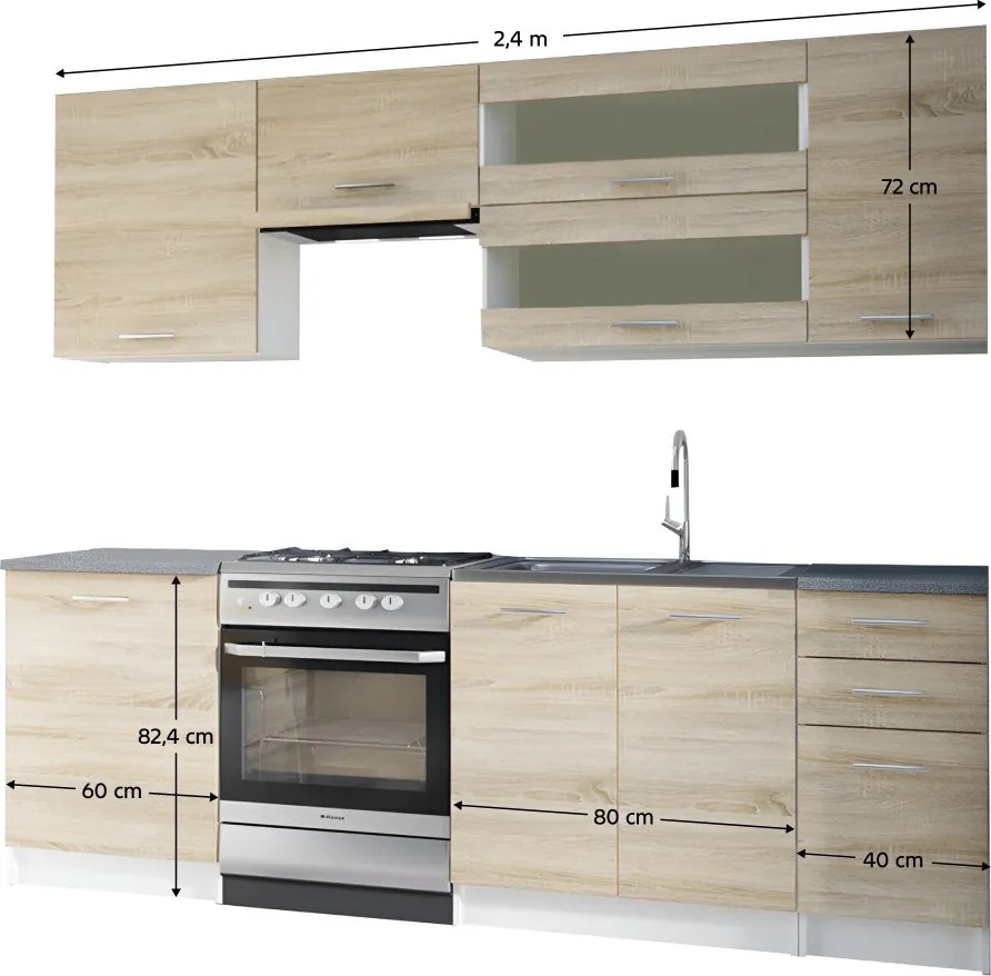 Kuchyňa Flor 240 cm biela + dub sonoma. Vlastná spoľahlivá doprava až k Vám domov. 788669