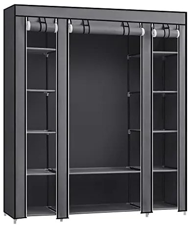 Veľká látková skriňa, 1 závesná tyč, 12 políc, 175x150x45cm, sivá