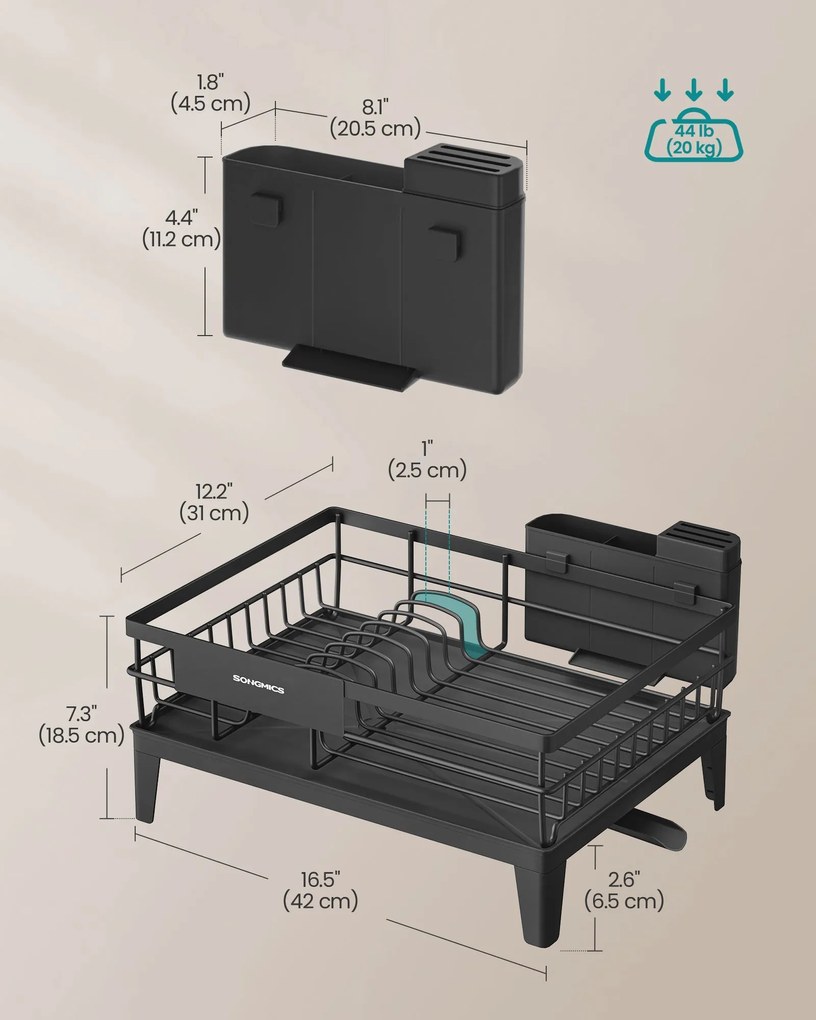 Sušička riadu, otočná o 360° a s výsuvným odtokom, čierna