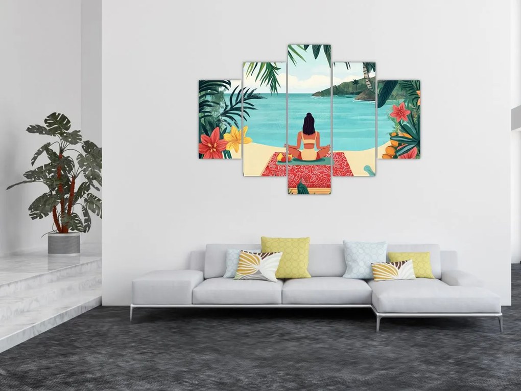Obraz - Jogínka na pláži (150x105 cm)
