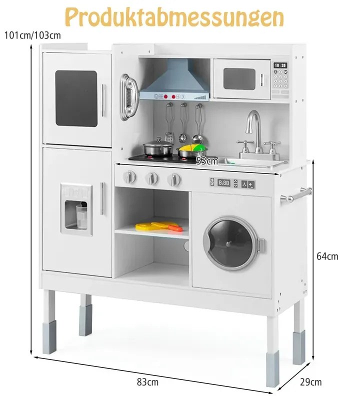 Drevená detská kuchynka so 16 hracími doplnkami pre deti od 3 rokov. 83 x 29 x 103 cm, biela.