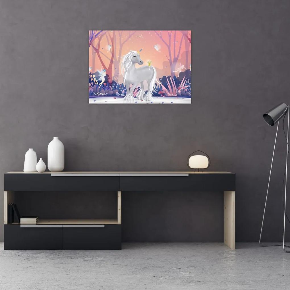 Sklenený obraz - Jednorožec v magickom lese (70x50 cm)