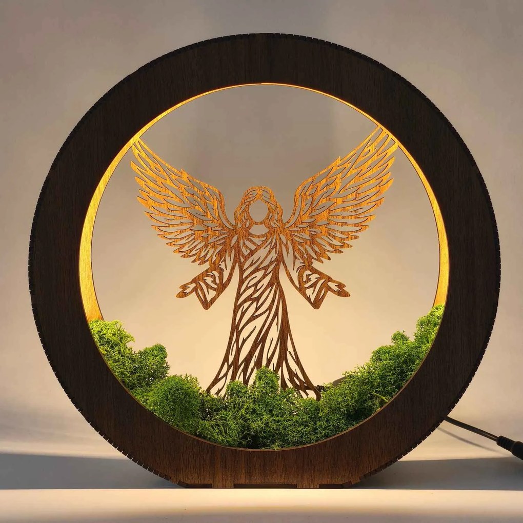 Drevená LED lampa Anjel svetla s machom | MICHAEL: HDF - Orech 20 cm 4778-115060 LED0606