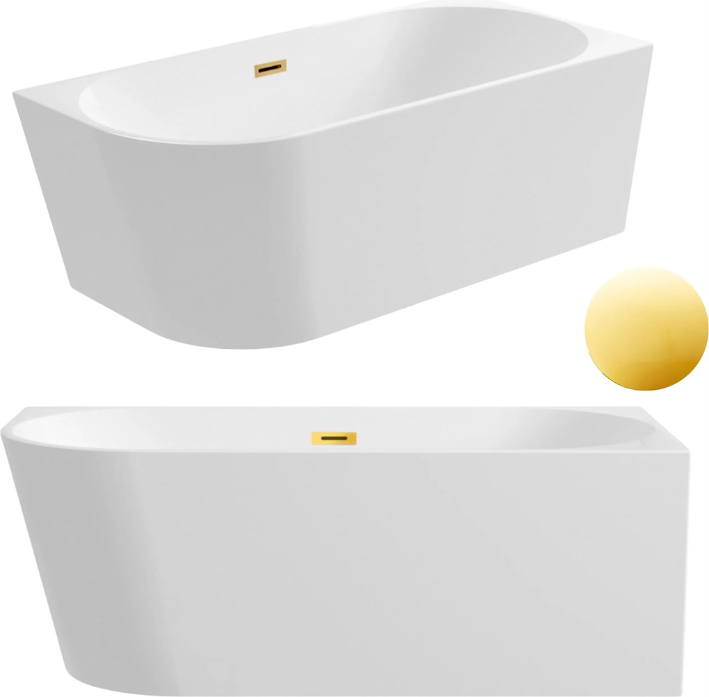 Aquauno Voľne Stojaca Rohová Vaňa Pravá 150x75 cm Zlatá Zrkadlová Zátka