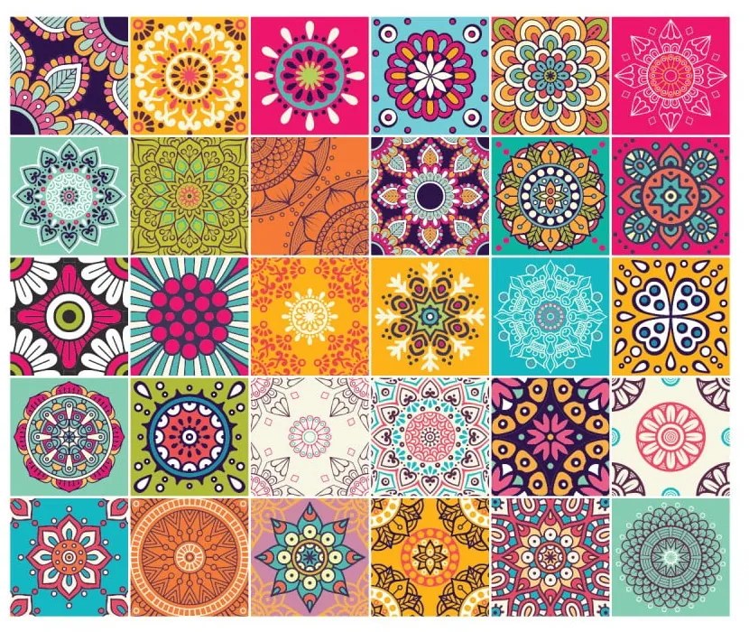 Sada 30 nástenných samolepiek Ambiance Wall Stickers Tiles Azulejos Mariska, 15 × 15 cm