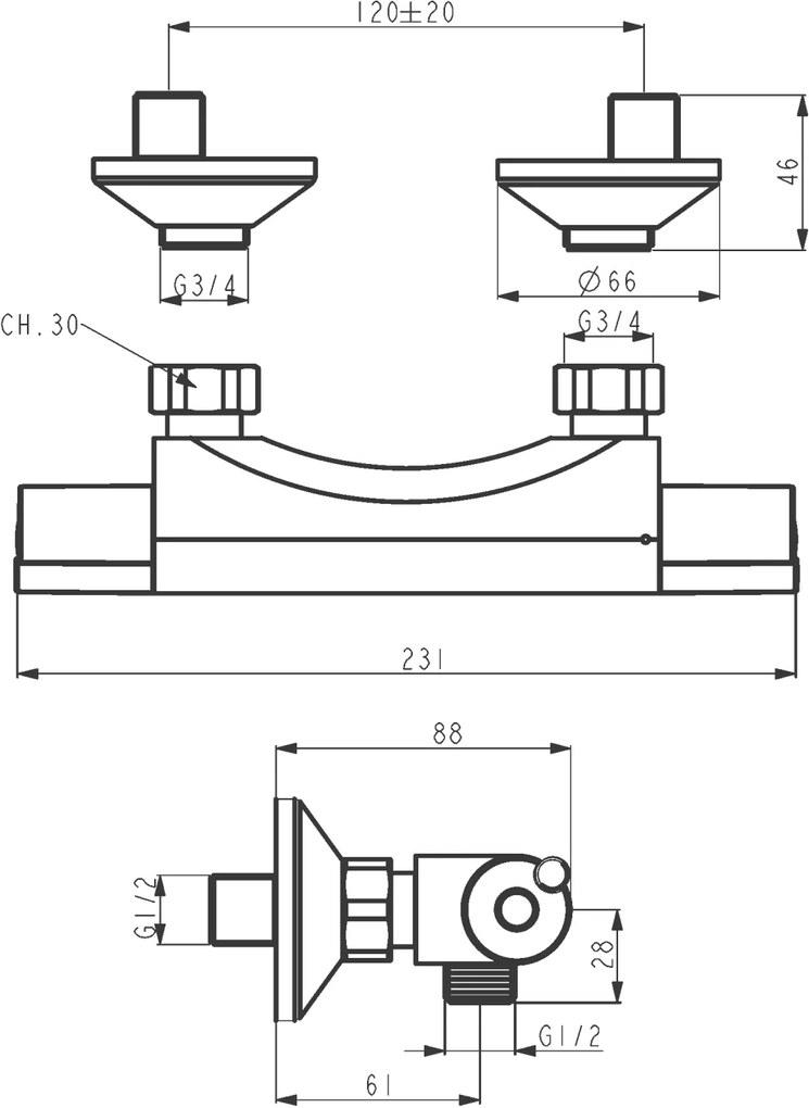 Novaservis Aqualight - sprchová termostatická batéria 120 mm chrómová, 2564/1,0