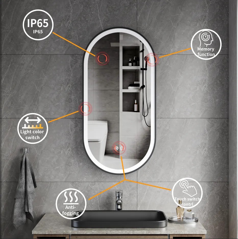 Erga Gwen, oválne LED zrkadlo 40x80cm v čiernom kovovom ráme, 3 farby svetla, predné osvetlenie, vyhrievacia podložka proti zapareniu, ERG-V01-GWEN-4080-BK