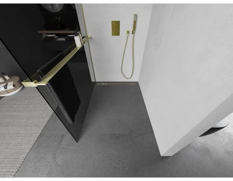 Mexen Kioto+, sprchová zástena Walk-In s poličkou a vešiakom 90 x 200 cm, 8mm šedé sklo, zlatý matný profil, 800-090-121-55-40