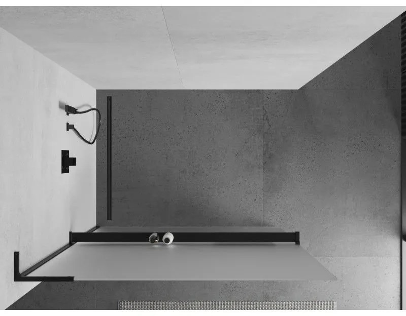 Mexen Kioto+ L, sprchová zástena Walk-In s poličkou a vešiakom 90 x 200 cm, 8mm sklo námraza, čierny profil, 800-090-123-70-30