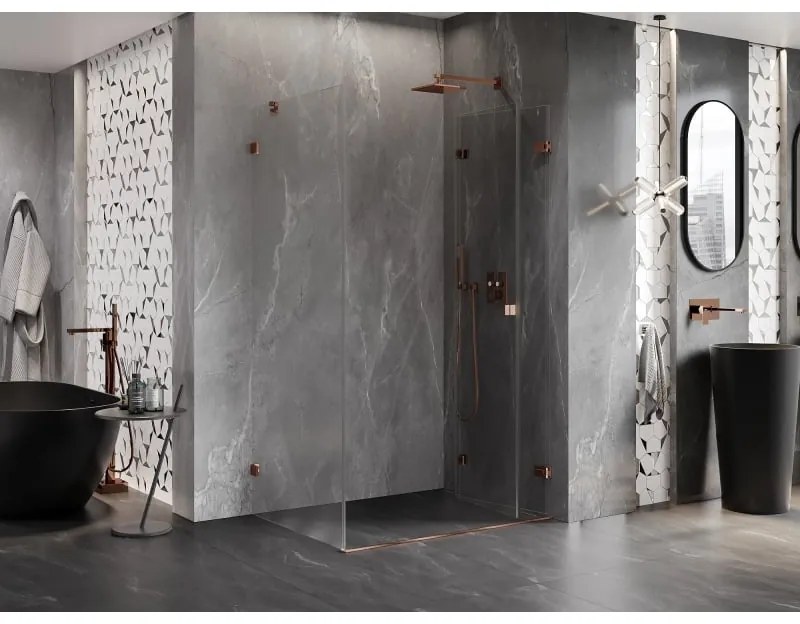 Mexen Lunar-F, 1-krídlový sprchový kút so skladacími dverami, pravý, 95 x 80 cm, 8mm číre sklo, ružové zlato profil, 836-095-080-60-00-P