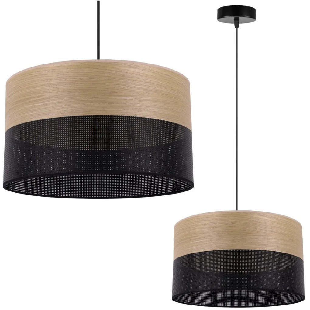 Závesné svietidlo Wood, 1x dýha zlatý dub/čierne PVC tienidlo, (fi 35cm)