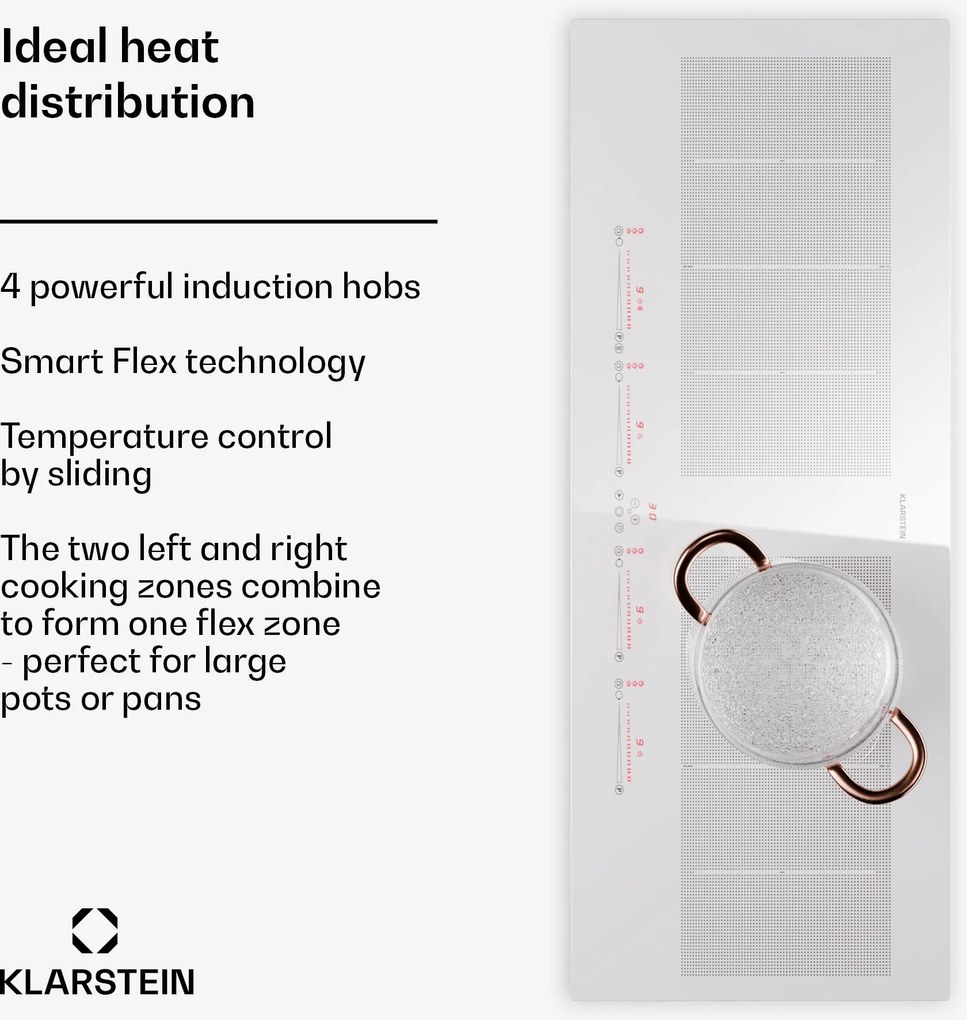 Klarstein Masterzone 90 Slim Flex, indukčná varná doska, max. 7200 W, vstavaná, 4 zóny, 2 Flex zóny, technológia ThermoBoost, Smart Flex