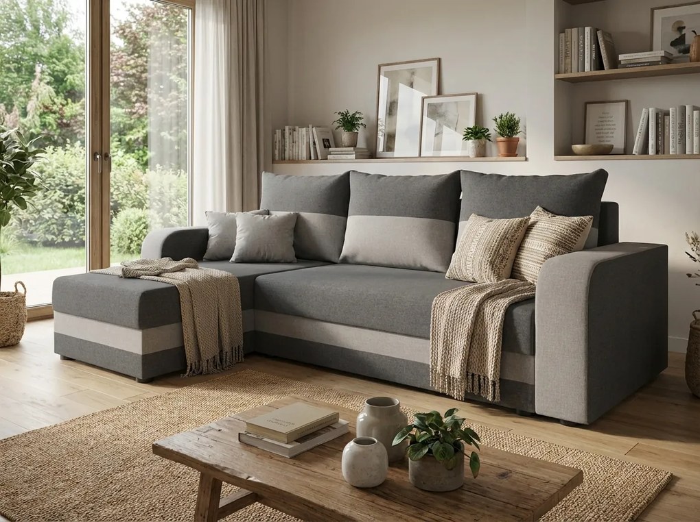 Rozkladacia obojstranná sedacia súprava do L VALERIO 238x140 cm, tmavosivá/svetlosivá + 2 vankúšiky ZDARMA