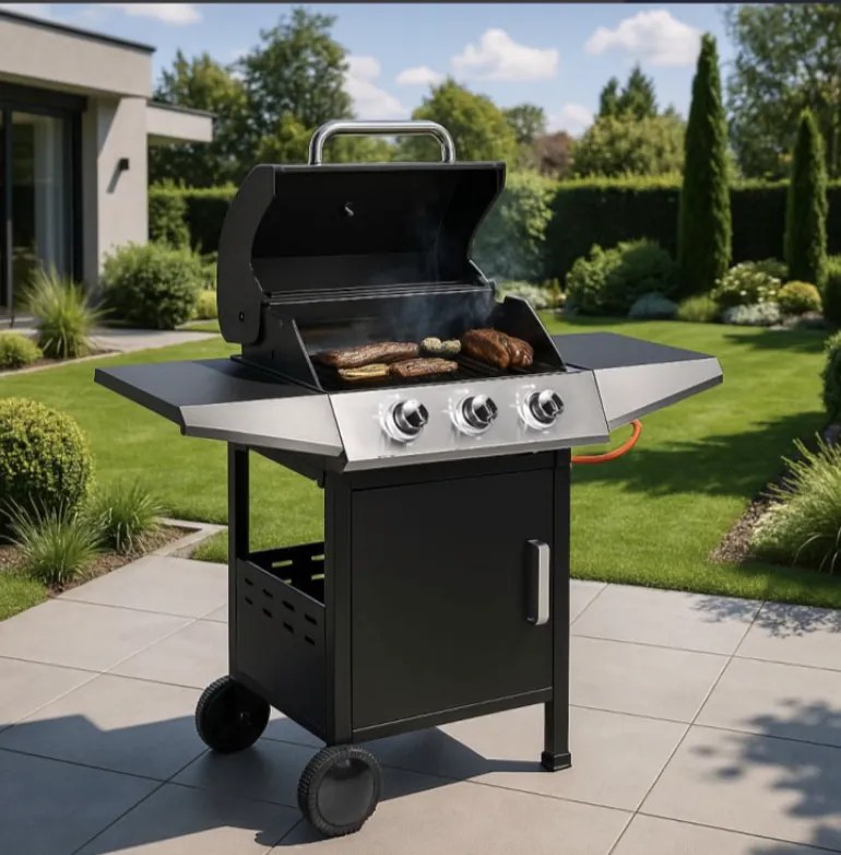 Záhradný plynový gril 10,2 KW, veľký rošt, 3 horáky, teplomer, redukcia