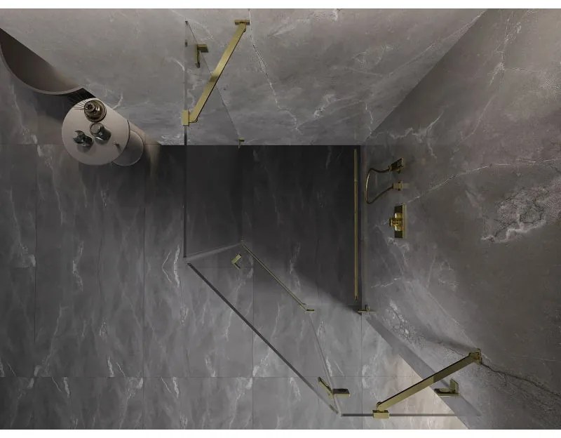 Mexen Lunar, výklopný päťuholníkový sprchový kút pravý 90 x 100 cm, 8mm číre sklo, zlatý profil, 831-090P-100L-50-00-P