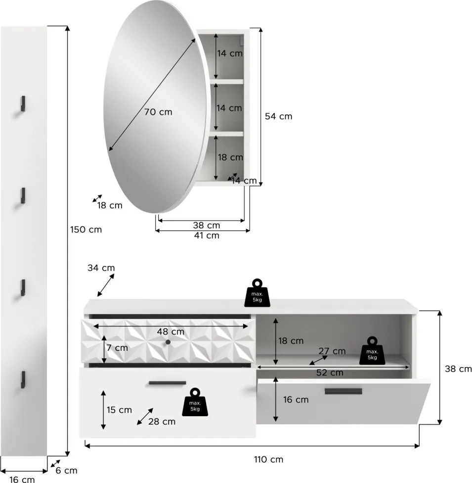 Predsieňová zostava Prismo (3-dielna), biela/biela lesk