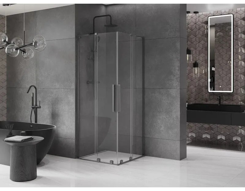 Mexen Velar L Duo, sprchový kút s posuvnými dverami 90 x 90 cm, 8mm číre sklo, grafit brúsený, 871-090-090-02-03-66