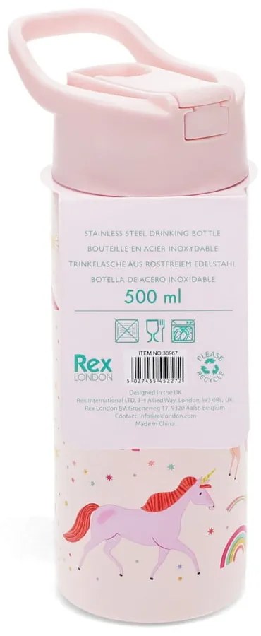 Svetloružová detská fľaša z nehrdzavejúcej ocele 500 ml Unicorn – Rex London