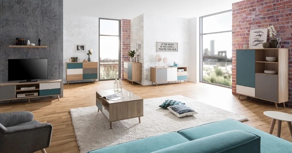 TV skrinka Cuba, dub/biela/šedá/petrolejová