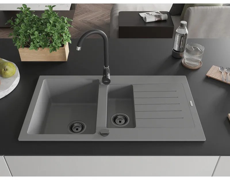 Mexen Matias, granitový drez 900x505x200 mm, 1,5-komorový a čierna batéria Telma, šedá, 6502-71-670200-70-B